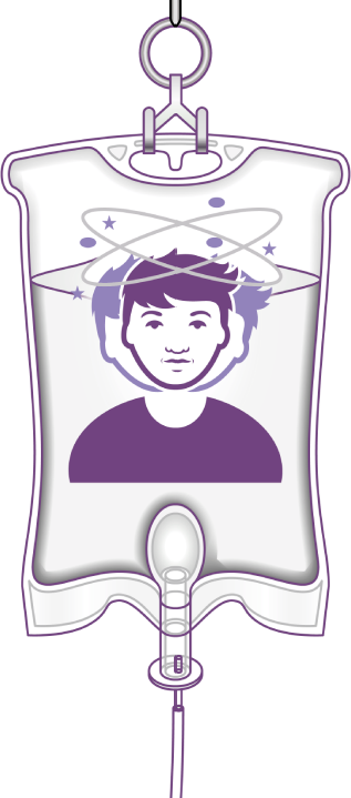 A purple and white picture of a person with a head stuck in the middle.
